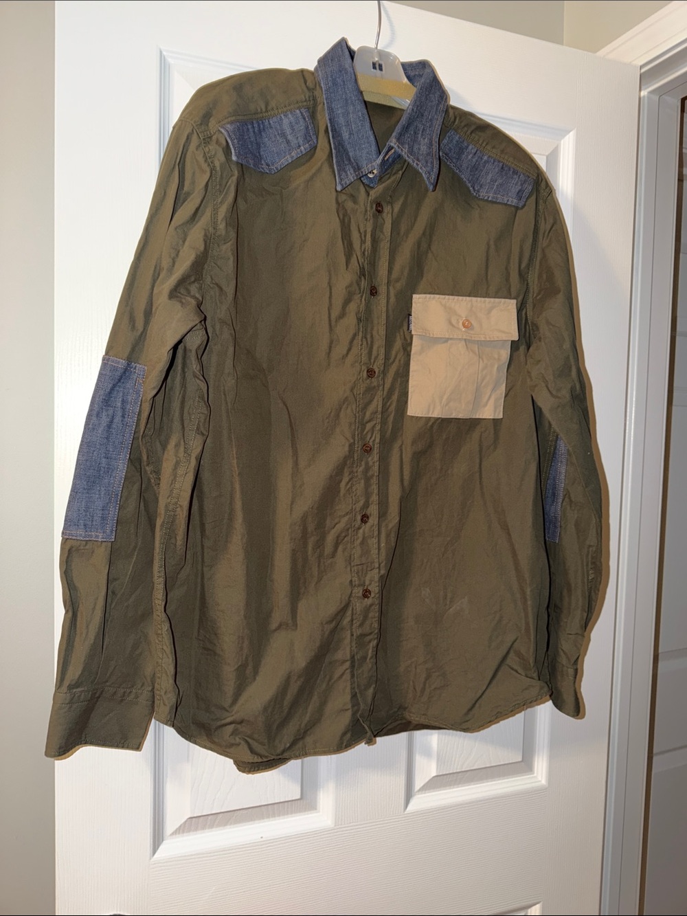 Moschino Olive Green Button-Down Shirt with Denim Accents and Tan Pocket size Xl